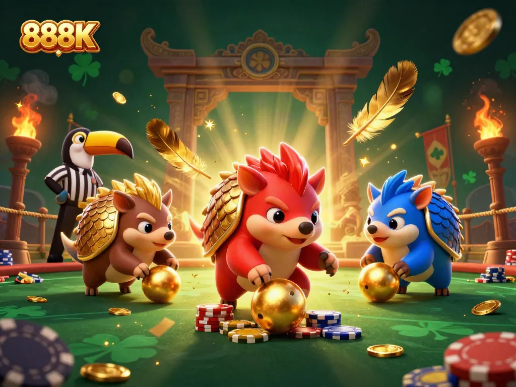 Experience thrilling gameplay at 888K with rival pangolins bowling through poker chips in a vibrant casino scene.