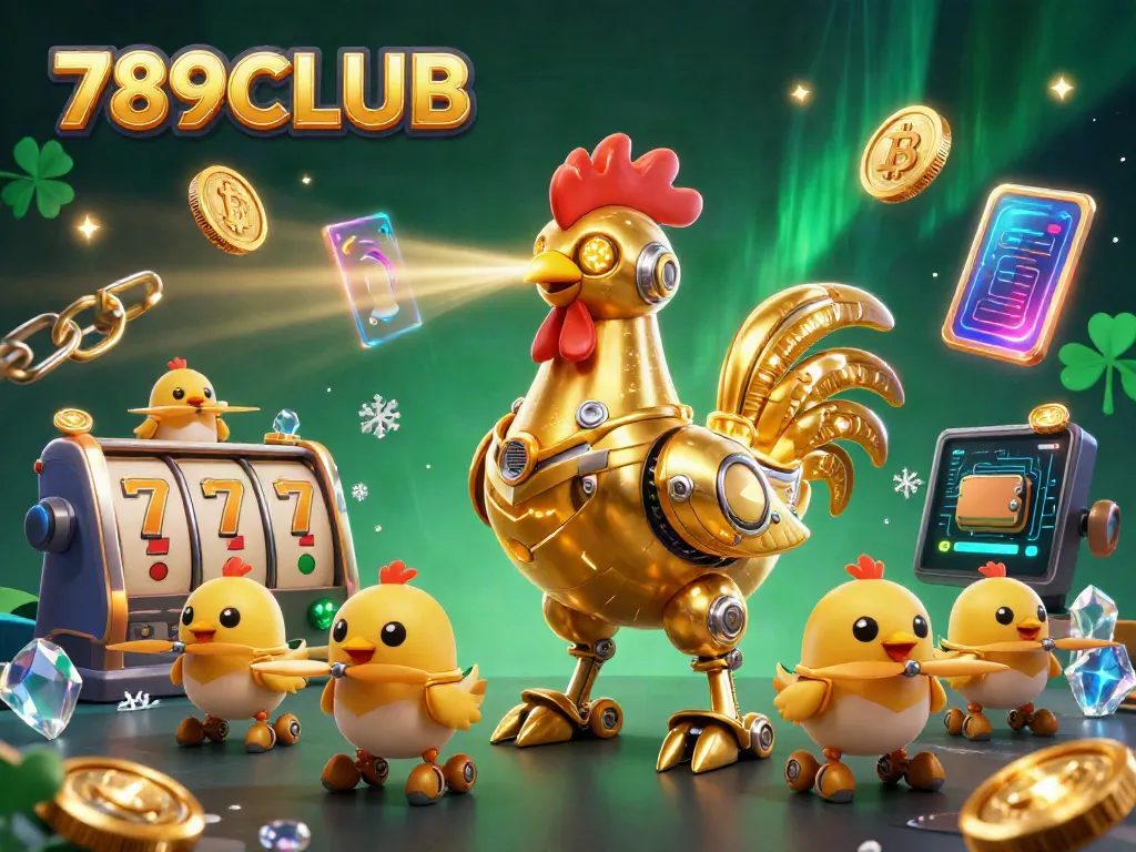 Play exciting games at 789CLUB with the golden rooster robot amidst vibrant slot reels and cryptocurrencies.