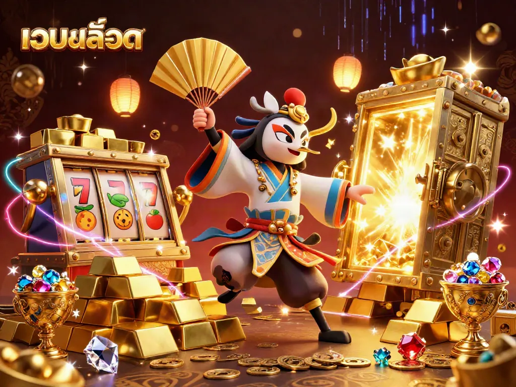 Engage with เว็บสล็อต featuring cartoon kabuki warrior amidst slot reels and treasures.