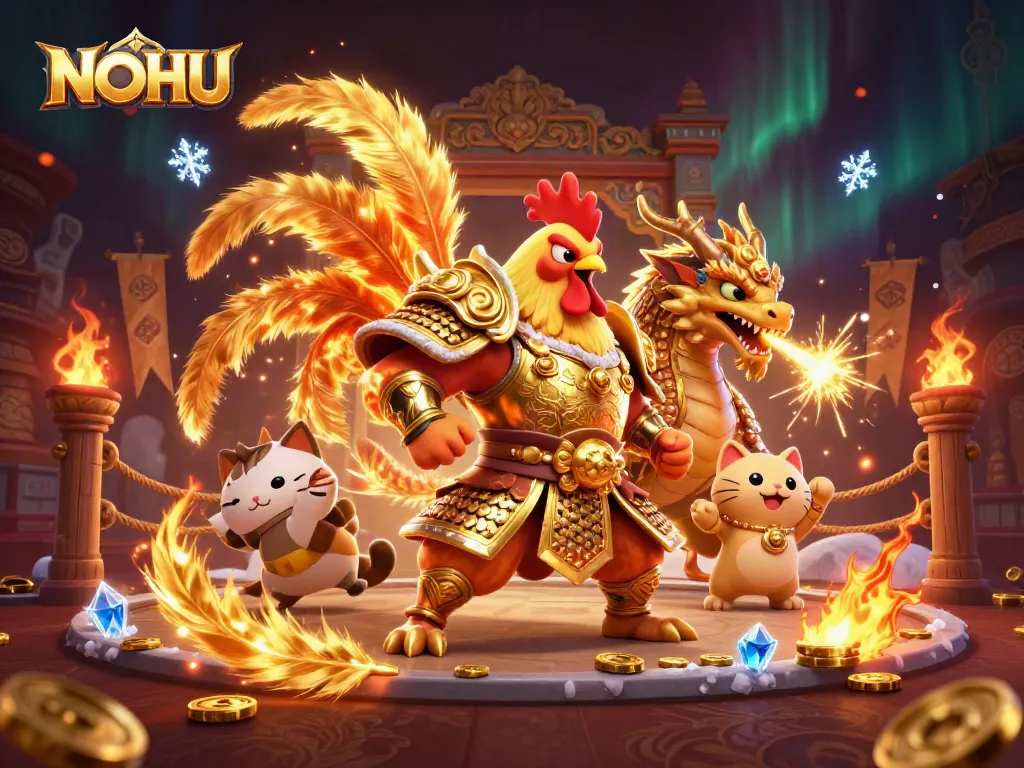 NOHU slots warrior unleashes jackpots in a bursting, vibrant casino scene of excitement and treasures.