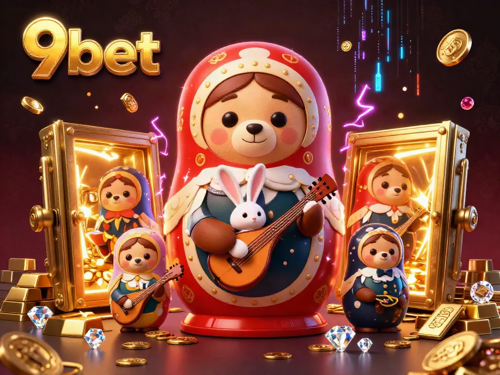 Experience the excitement of 9bet with cartoon bears in casino outfits and gold treasures.