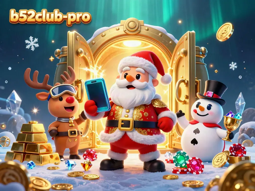 Experience thrilling jackpots with b52club-pro, featuring Santa, a reindeer dealer, and a poker chip snowman.