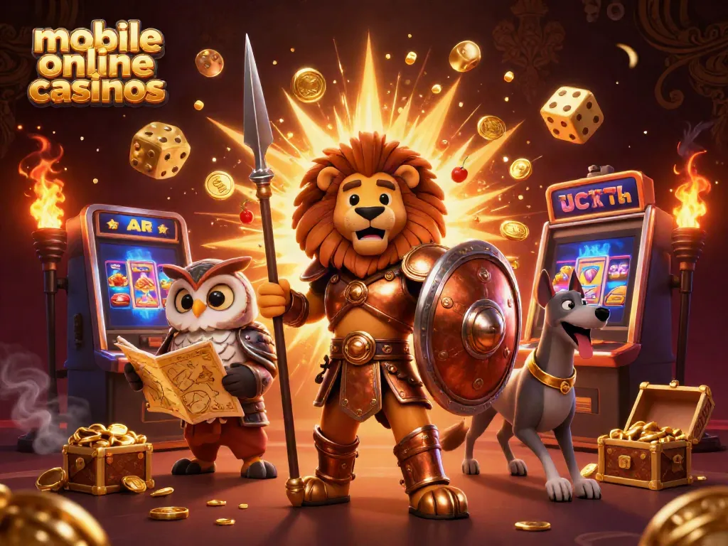 Experience mobile online casinos with a vibrant illustration featuring a Spartan lion and slot machines.