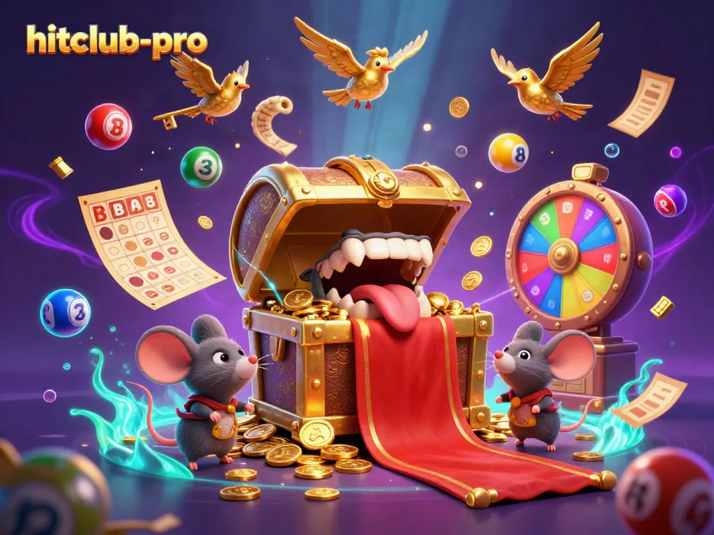 Experience the thrill of hitclub-pro with a treasure chest luring adventurer mice amidst vibrant lottery balls and dazzling gameplay.