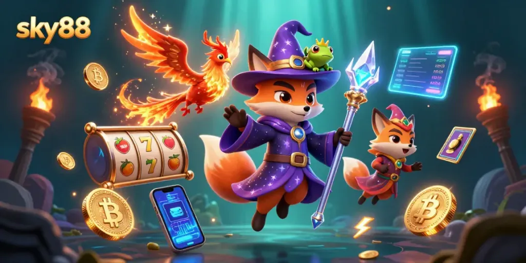 Engage with sky88 casino experience featuring a wizard, phoenix, and magical themes.