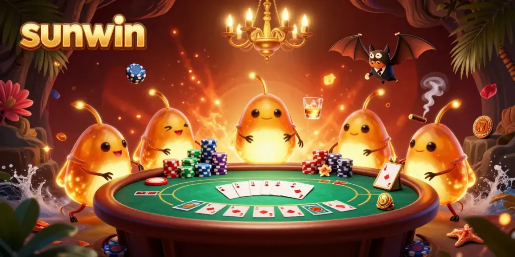 Engage with sunwin's vibrant casino scene featuring glowing team of cartoon glowworms and an upside-down bat dealer, exuding excitement.