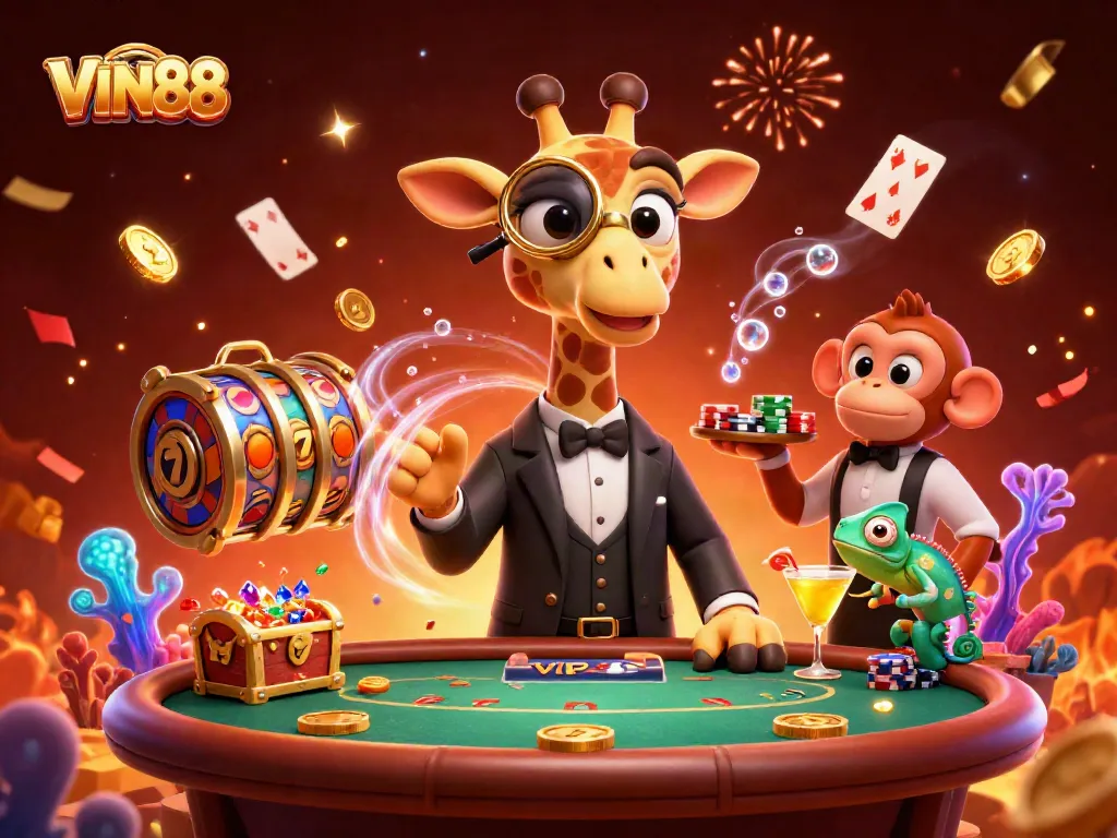 Experience the excitement of gaming with the vibrant scene at VIN88 featuring unique characters and casino elements.