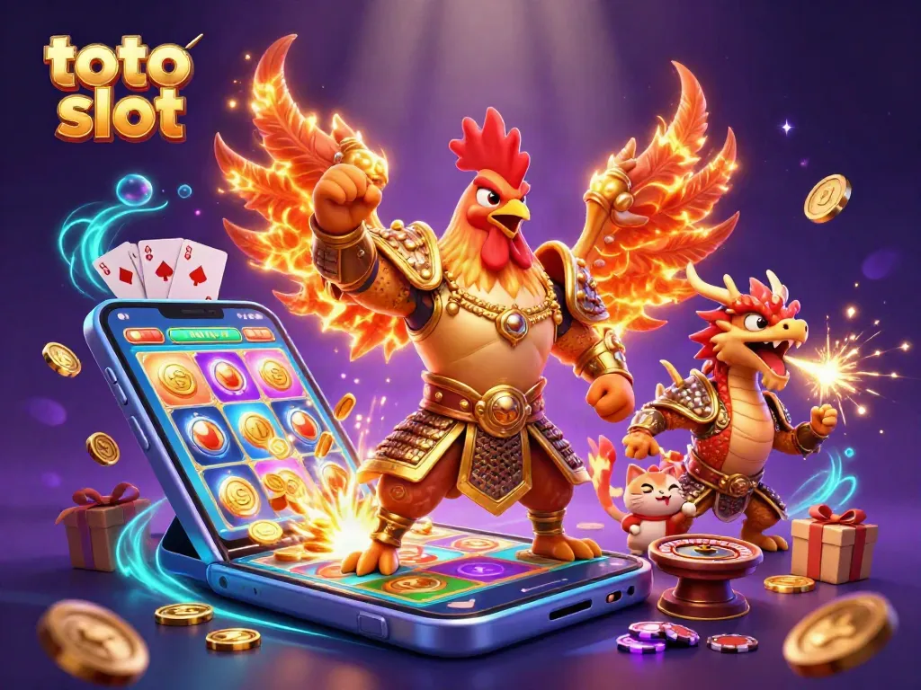 Play the exciting toto slot with a cartoon rooster and dragon in a vibrant casino scene.
