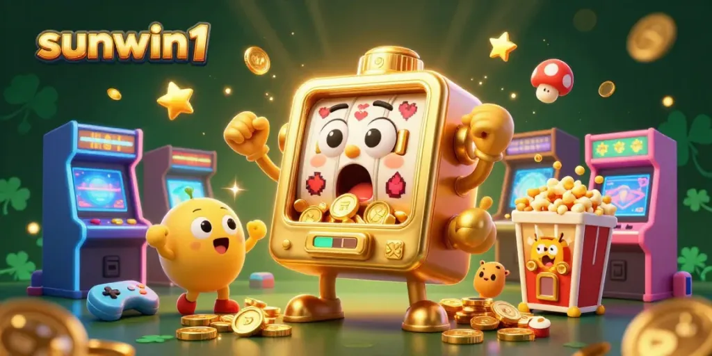 Experience excitement with sunwin1's golden slot machine hitting a jackpot, surrounded by cheering mini slots.