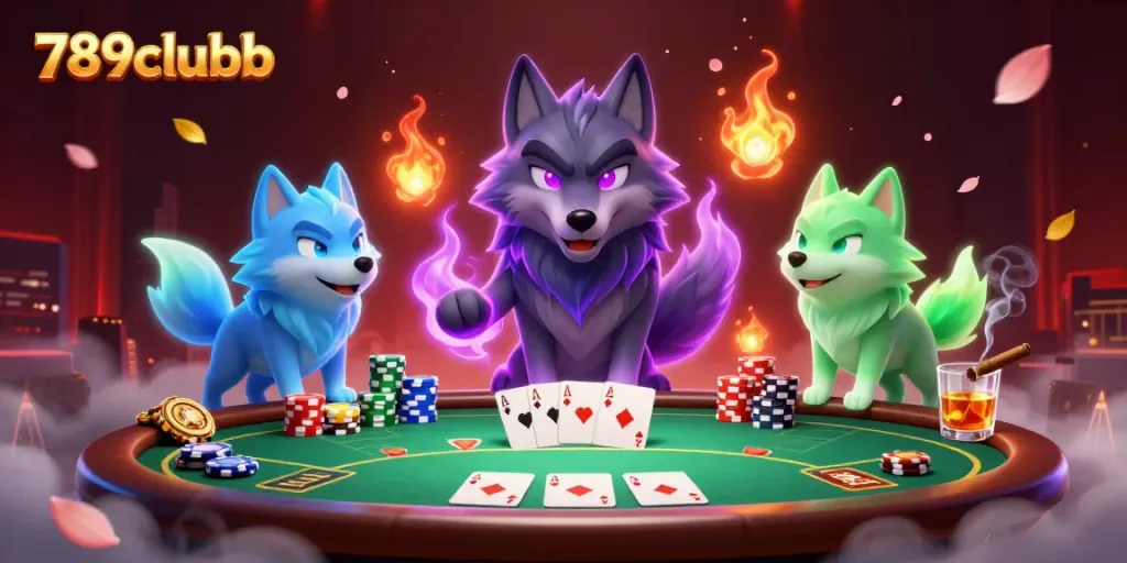 Experience thrilling poker action with 789clubb's shadow wolf leader amidst epic chips and cards.