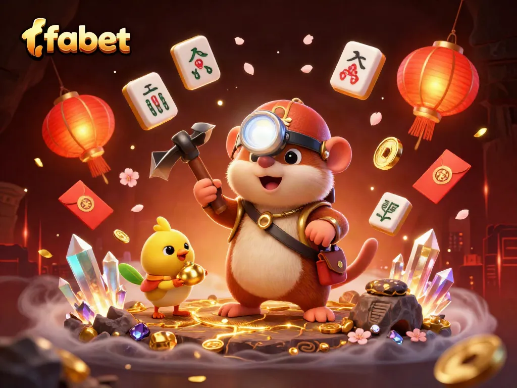 Engage in thrilling gameplay at fabet with a treasure hunter mole and glowing gems.