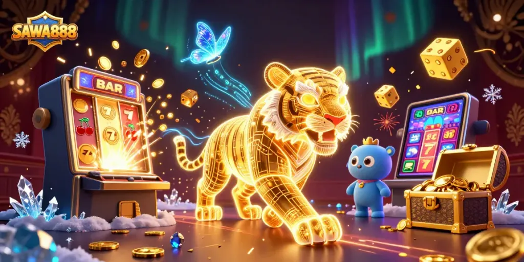SAWA888 captures an epic gaming scene with a glowing tiger and dynamic casino elements.