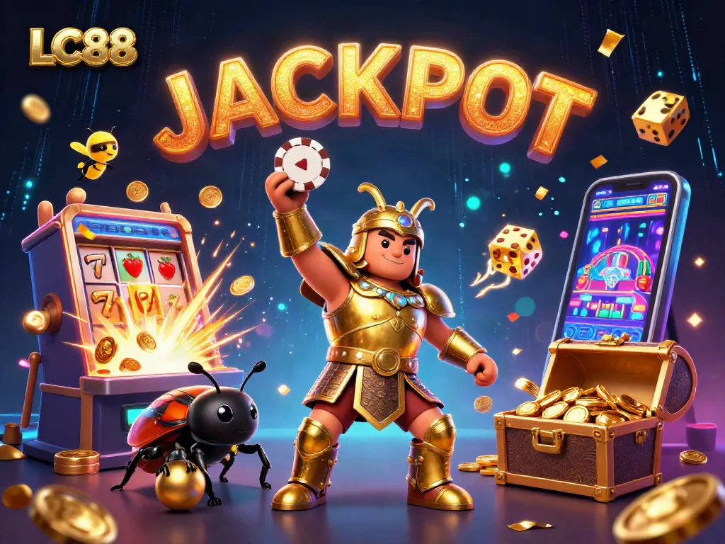 LC88 casino characters celebrate a jackpot with vibrant elements in an exciting 3D illustration.