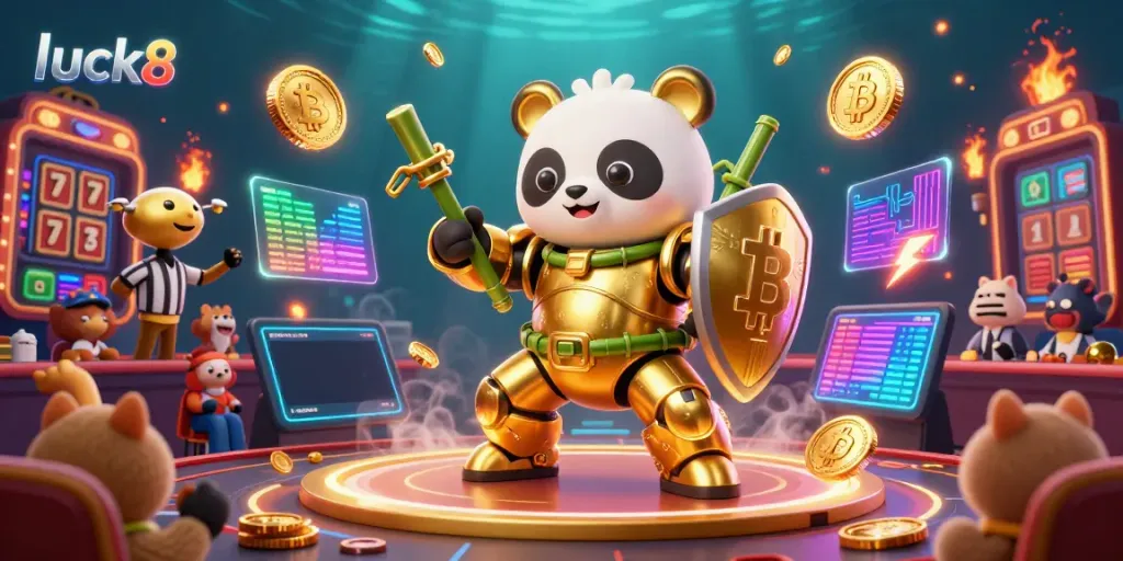 Engage in thrilling gameplay at luck8, featuring a golden panda in mech-suit battling in a vibrant casino arena.