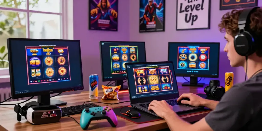 Engaging gaming environment featuring slot games on laptop and colorful décor, highlighting Situs gacor.