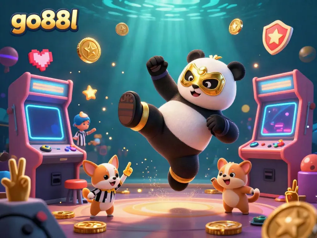 Exciting go88l gaming action with a panda wrestler and playful crowd celebrating at the casino.