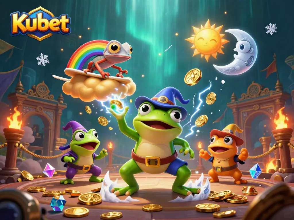 Kubet promotes thrilling wins with a wizard frog, chameleon, and golden coins in an engaging casino scene.