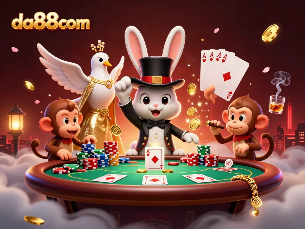 Experience exciting gaming action at da88com with a vibrant casino scene featuring playful characters and rich details.