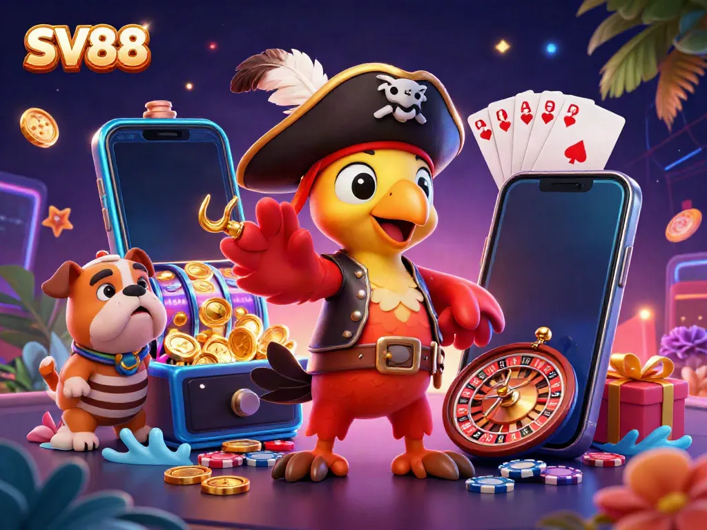 Engaging SV88 illustration showcasing fun casino elements with a pirate theme, featuring characters interacting with games.