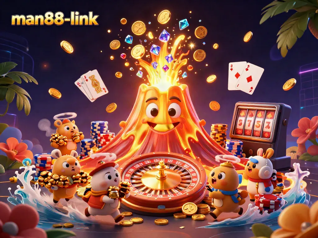 Experience win potential at man88-link with the golden volcano erupting treasure symbols, thrilling gameplay awaiting.