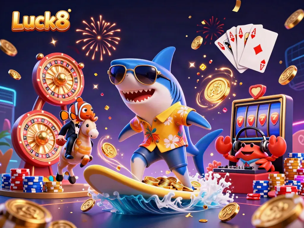 Luck8 features a lively scene with characters enjoying gaming, surrounded by coins and colorful casino elements.