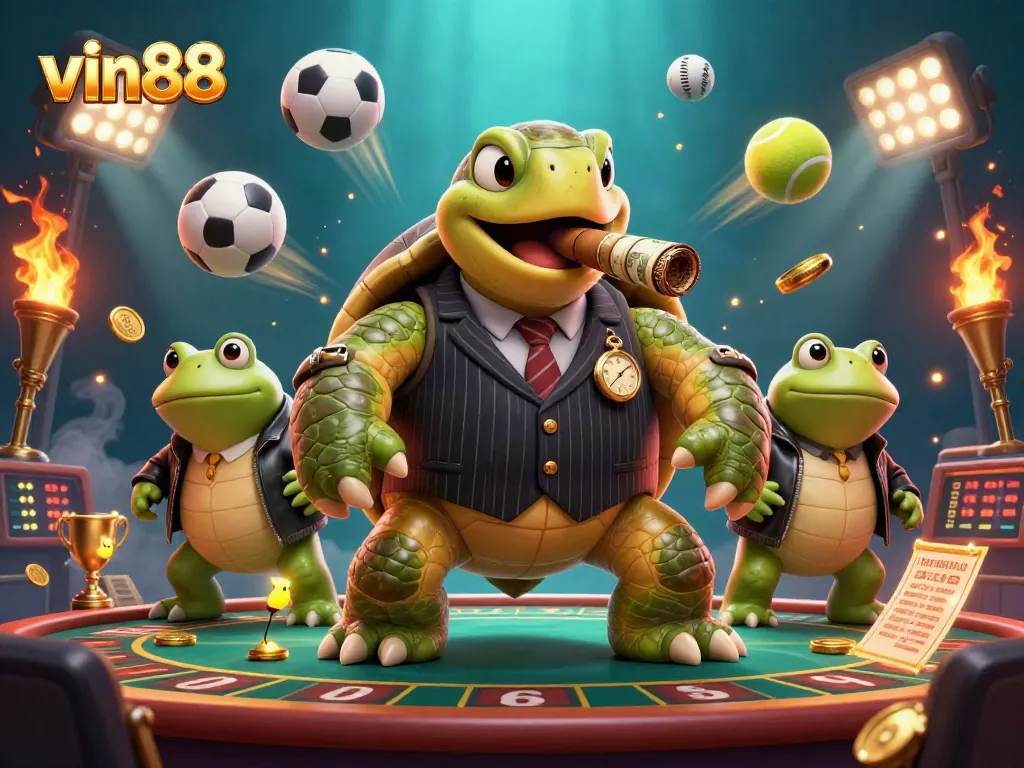 Experience winning strategies with vin88's vibrant 3D casino scene featuring characters, sports elements, and dynamic graphics.