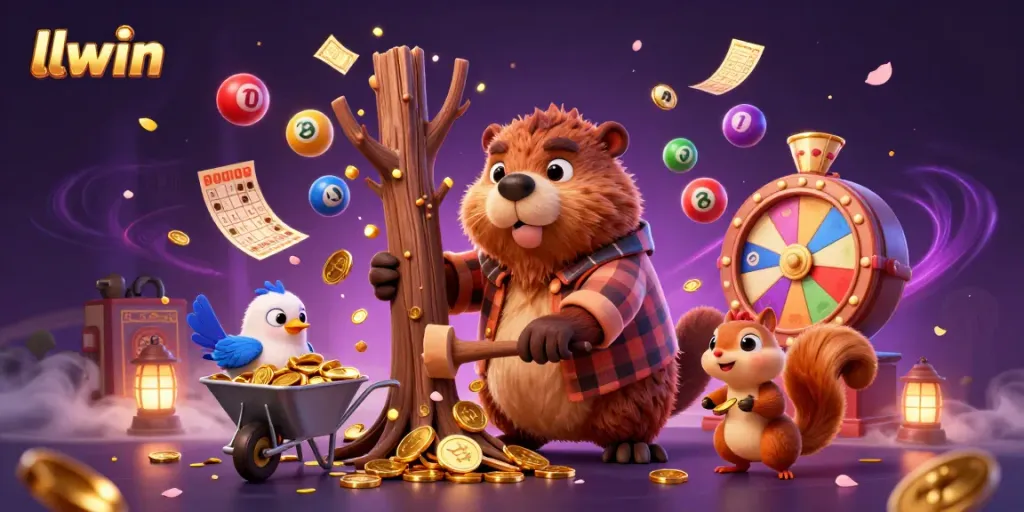Engage with llwin's exciting online gaming experience featuring a whimsical beaver character in a dynamic casino scene.