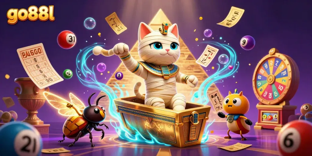Win big with thrilling go88l gaming experience featuring a mummy cat and dynamic casino elements.