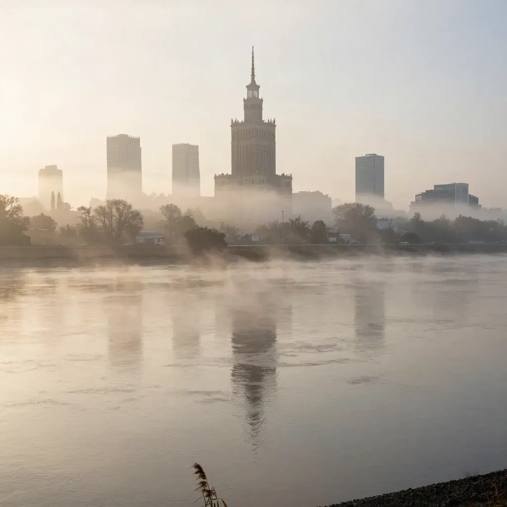 Mglisty poranek nad Wisłą, sylwetka Warszawy wysoko nad spokojnym nurtem.