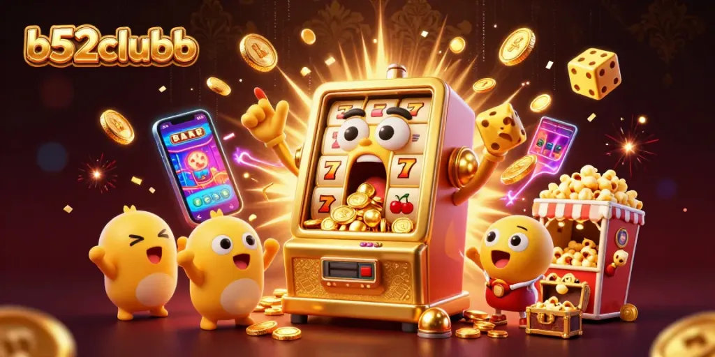 b52clubb celebrates winning with a whimsical golden slot machine in a vibrant, animated casino scene.