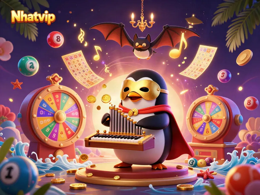 Nhatvip offers thrilling gaming experiences with dynamic casino elements in a vibrant illustration.