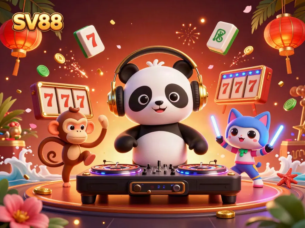 Experience thrilling gameplay with SV88 featuring a DJ panda at a vibrant casino party.