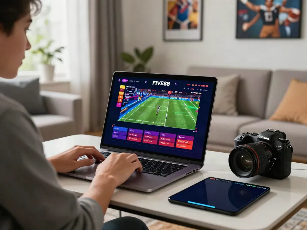 Engaged user exploring FIVE88 online gambling platform at home.
