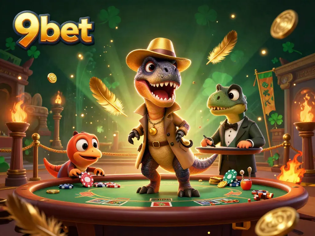 Engage with 9bet's thrilling casino environment featuring fun cartoon dinosaurs at a blackjack table.