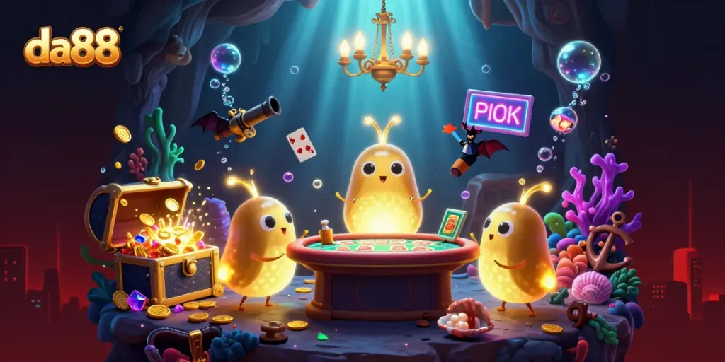Engage in thrilling gameplay with da88's vibrant casino scene, illuminated by glowing characters and dynamic treasures.