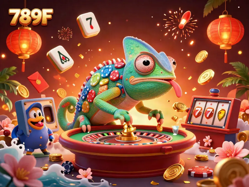 Experience vibrant casino excitement at 789F with a colorful chameleon amidst festive gaming elements.