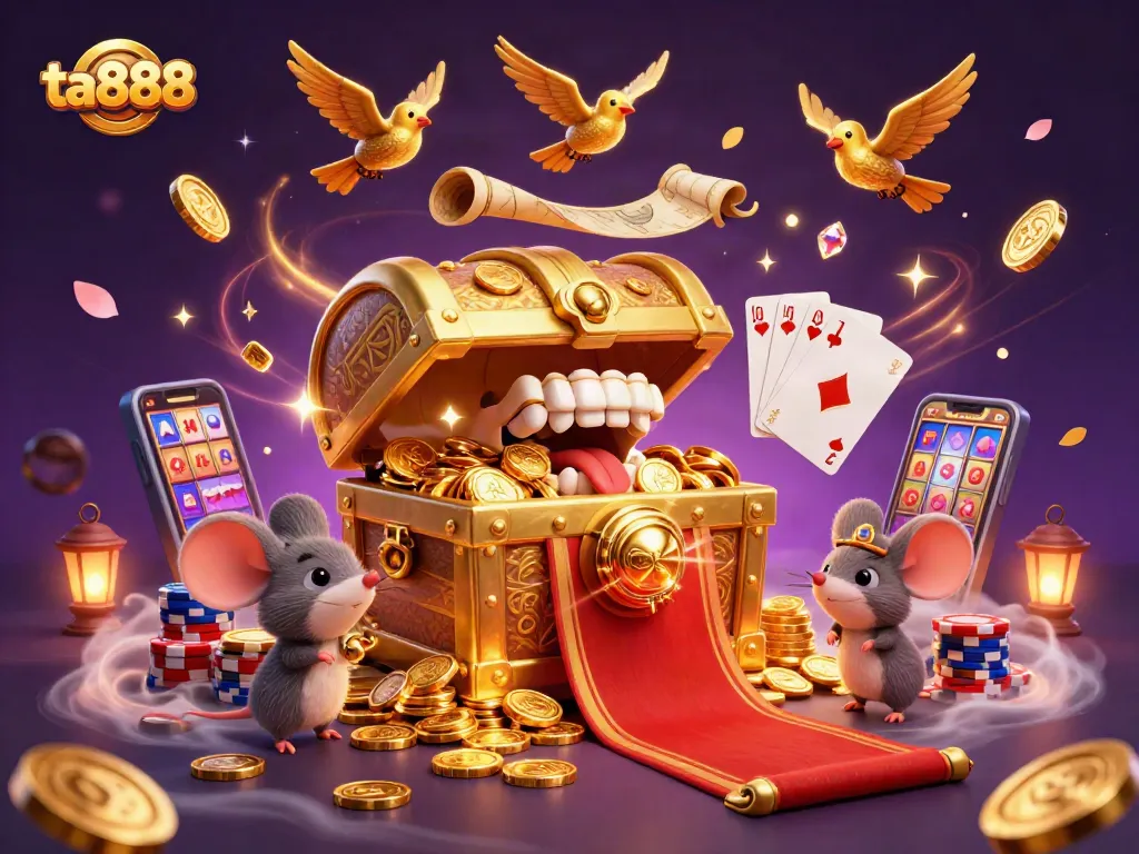 Experience the thrill of ta888 with a dynamic 3D casino scene full of golden treasures and gaming excitement.