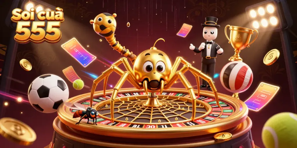 Soi cầu 555 showcases a golden spider and centipede croupier in a dynamic casino-themed scene.