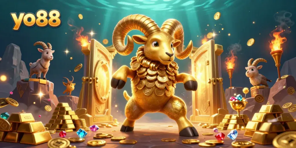 Experience the thrill of yo88 with vibrant golden treasures and a powerful ram charging through the casino.