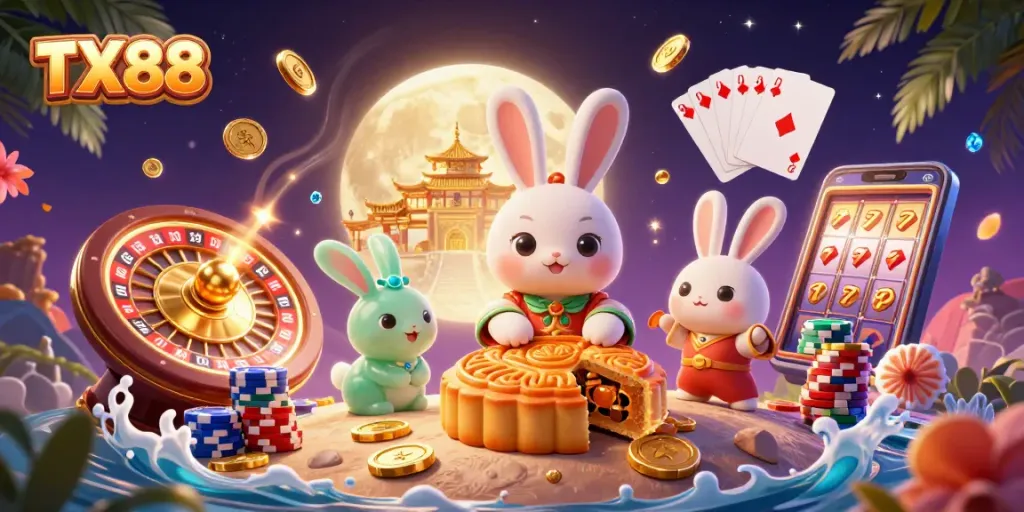 TX88 showcases a vibrant casino scene with moon rabbits, poker chips, and dynamic gaming elements.