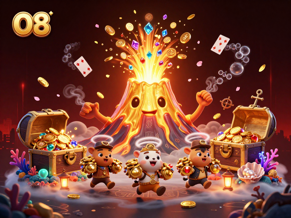 Engage with fun elements from O8 as treasure erupts from a golden volcano surrounded by vibrant casino imagery.