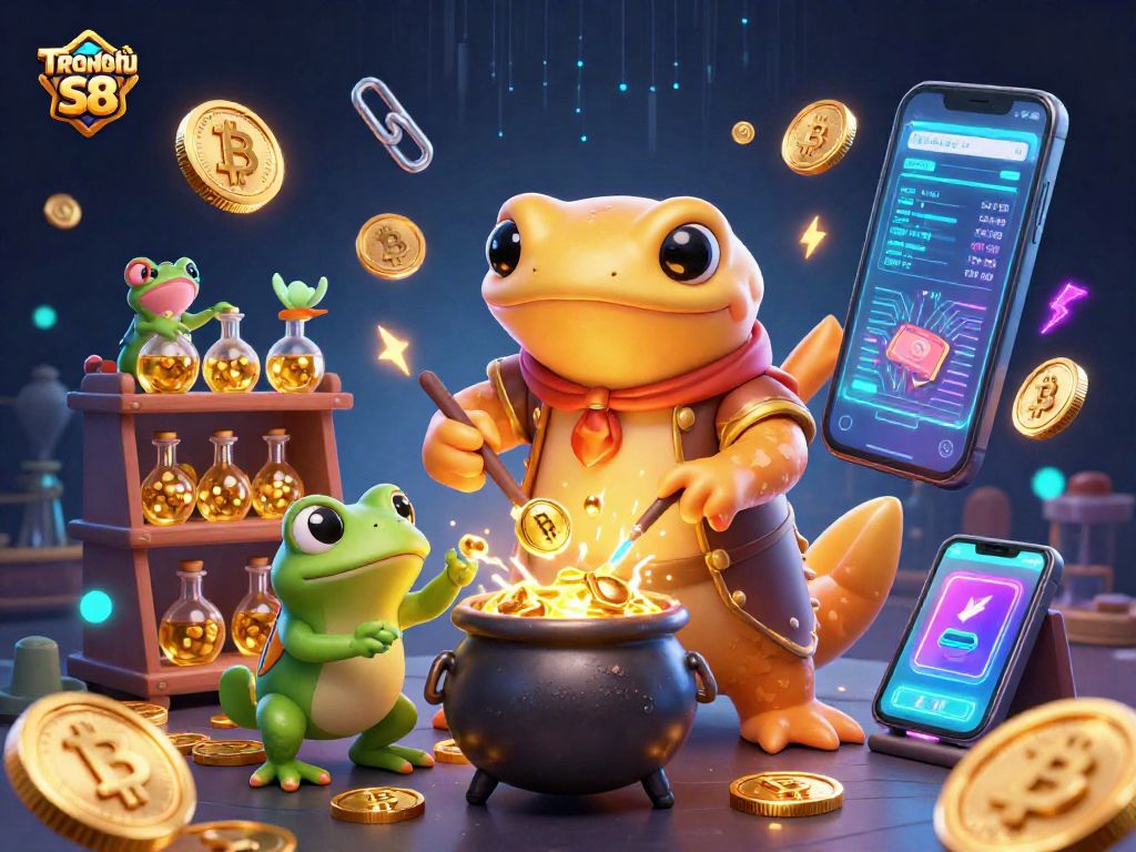 Experience exciting gaming action on Trang Chủ S8 with this vibrant 3D casino illustration featuring alchemists and crypto elements.