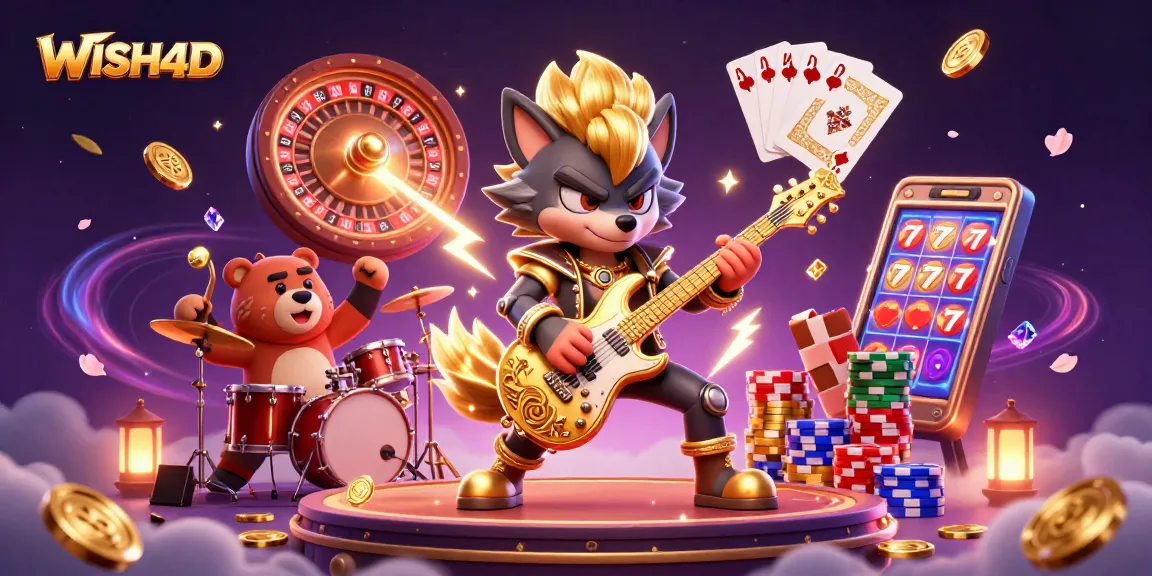 WISH4D brings excitement with a rock star wolf and playful bear on a vibrant casino stage.