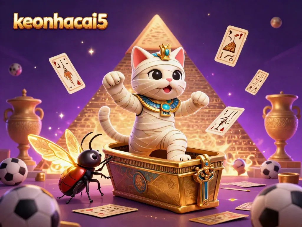 Engage with keonhacai5's thrilling sports betting environment featuring a dynamic mummy cat and a scarab beetle.