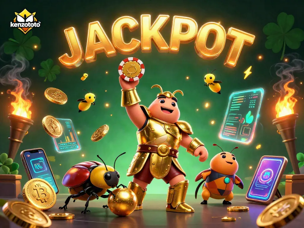 Experience thrilling wins at kenzototo with a vibrant scene of animated characters celebrating a jackpot.