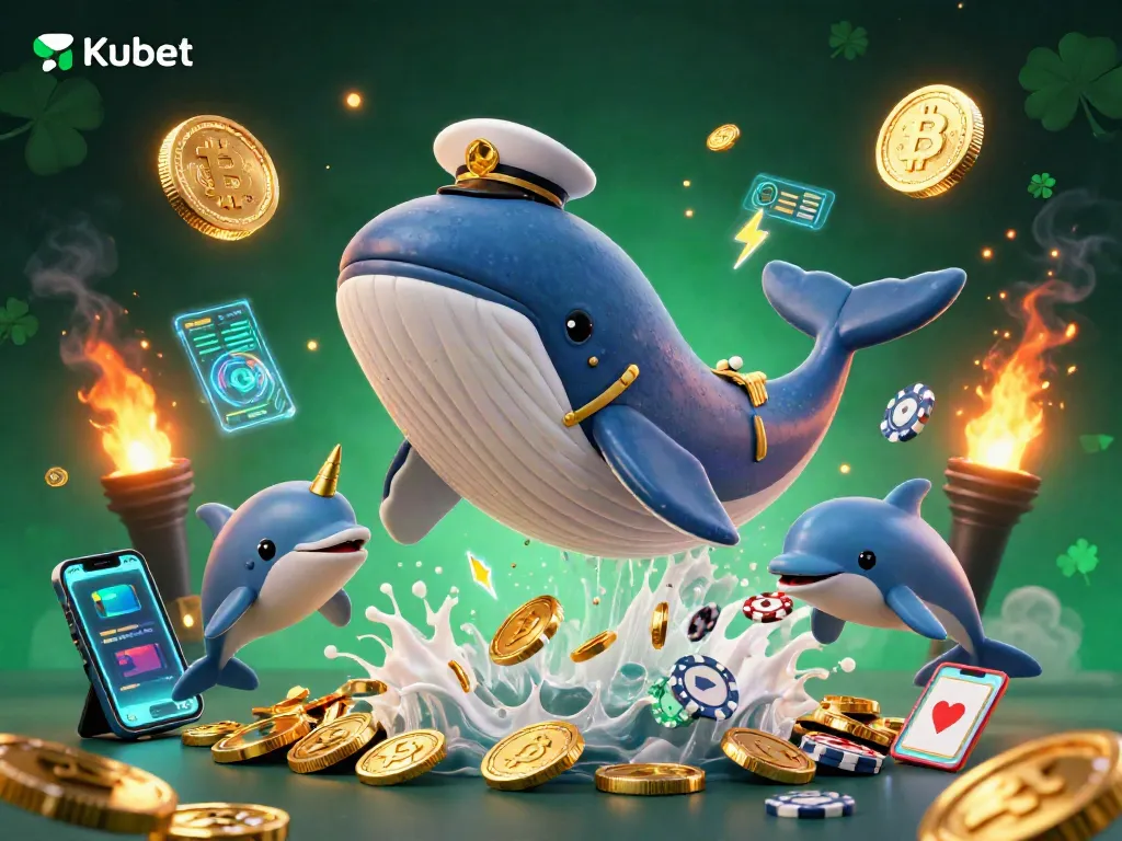 Kubet showcases a vibrant 3D casino scene featuring a whale and dolphins amidst coins and crypto elements.