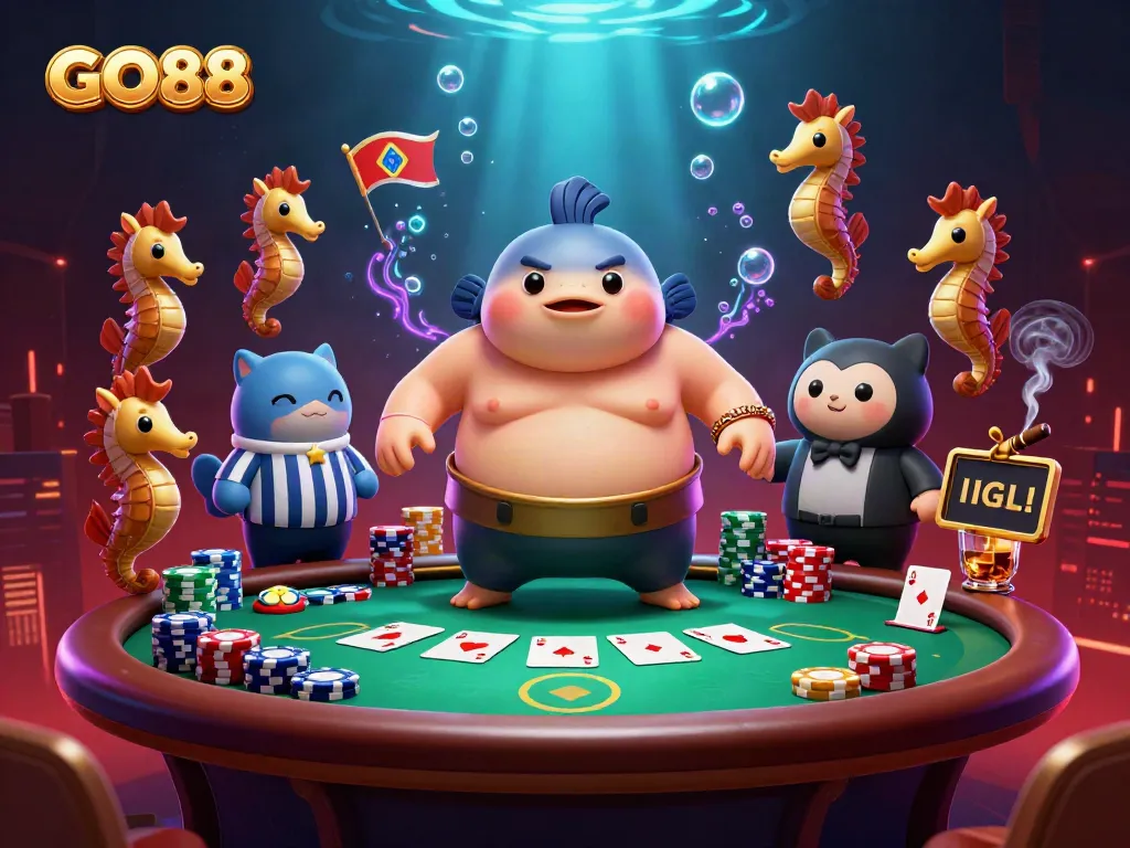 Join the GO88 gaming experience with a vibrant underwater poker showdown featuring a fugu and seahorse audience.