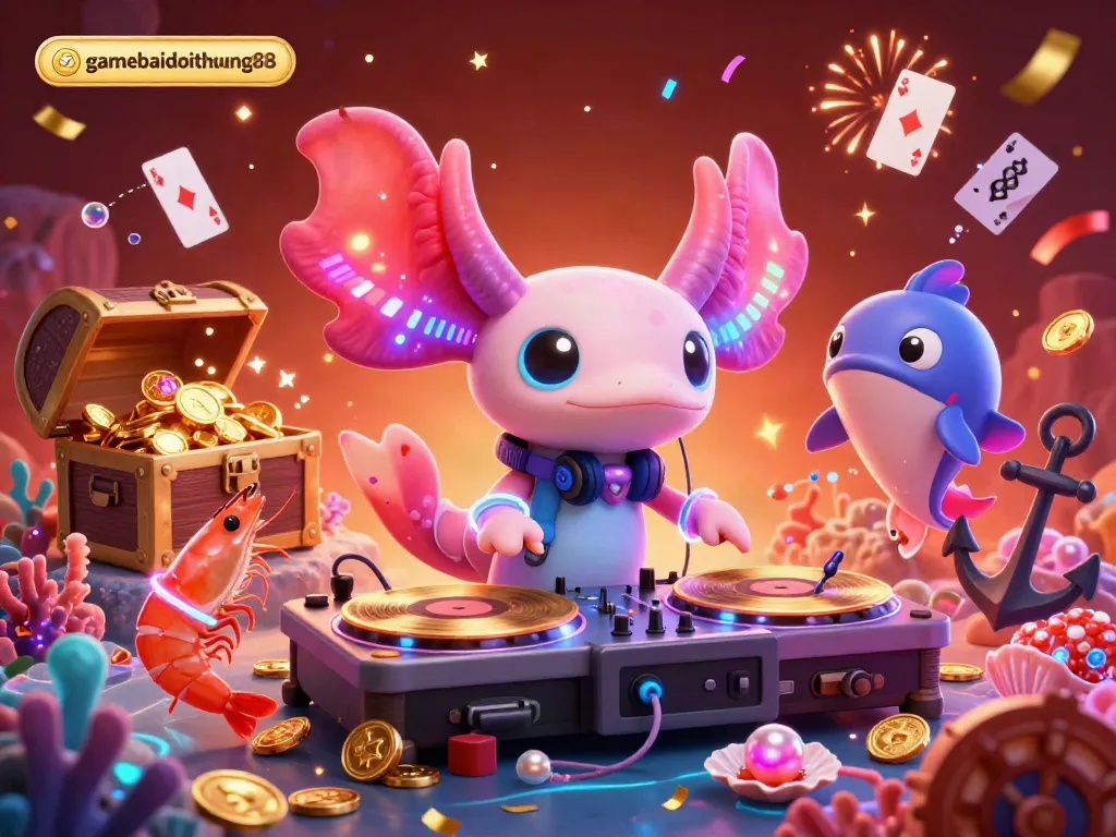 Engage in high-energy gaming excitement with gamebaidoithuong88 featuring DJ axolotl, dancing shrimp, and dynamic underwater elements.