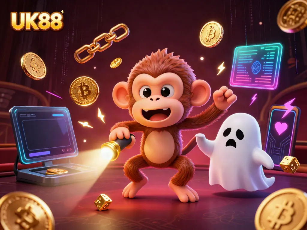 Experience UK88's thrilling gaming environment with its mischievous poltergeist monkey and ghost-hunter puppy illuminating the haunted casino.