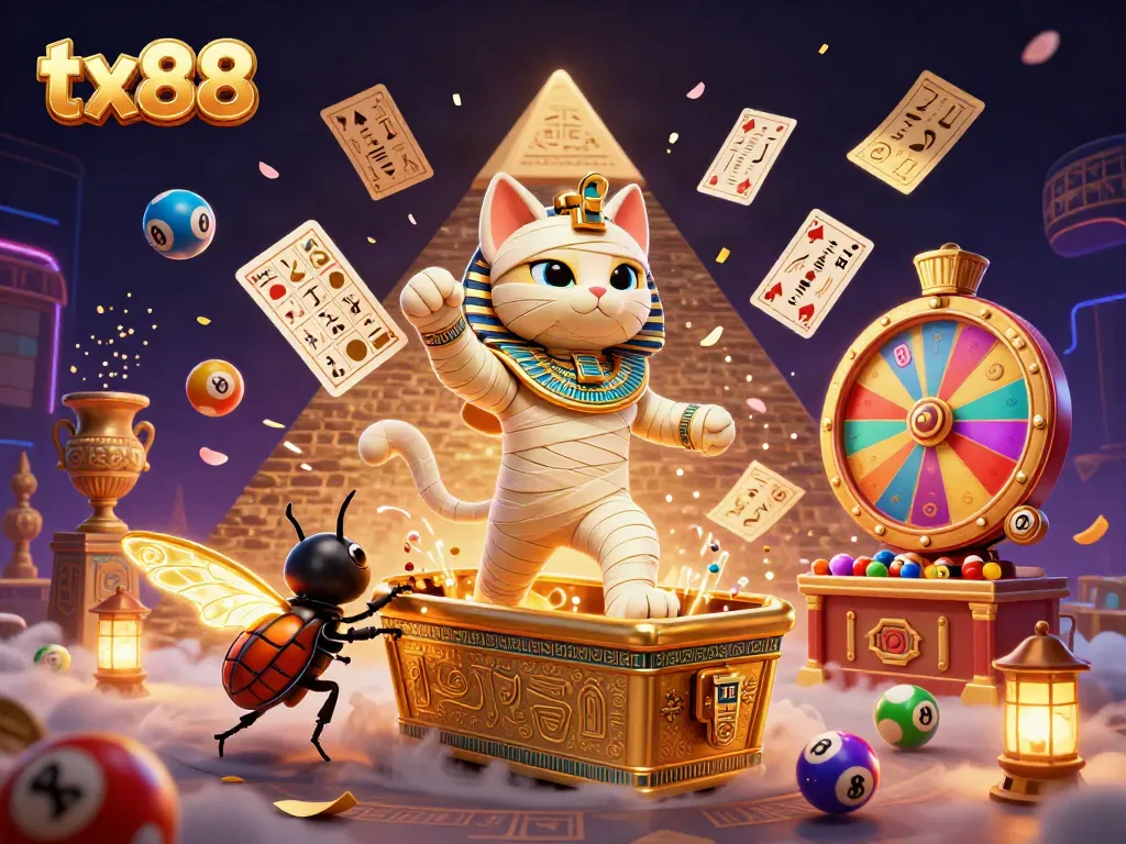 Engage with the thrilling gaming scene of tx88, featuring a 3D cartoon mummy cat and vibrant elements.